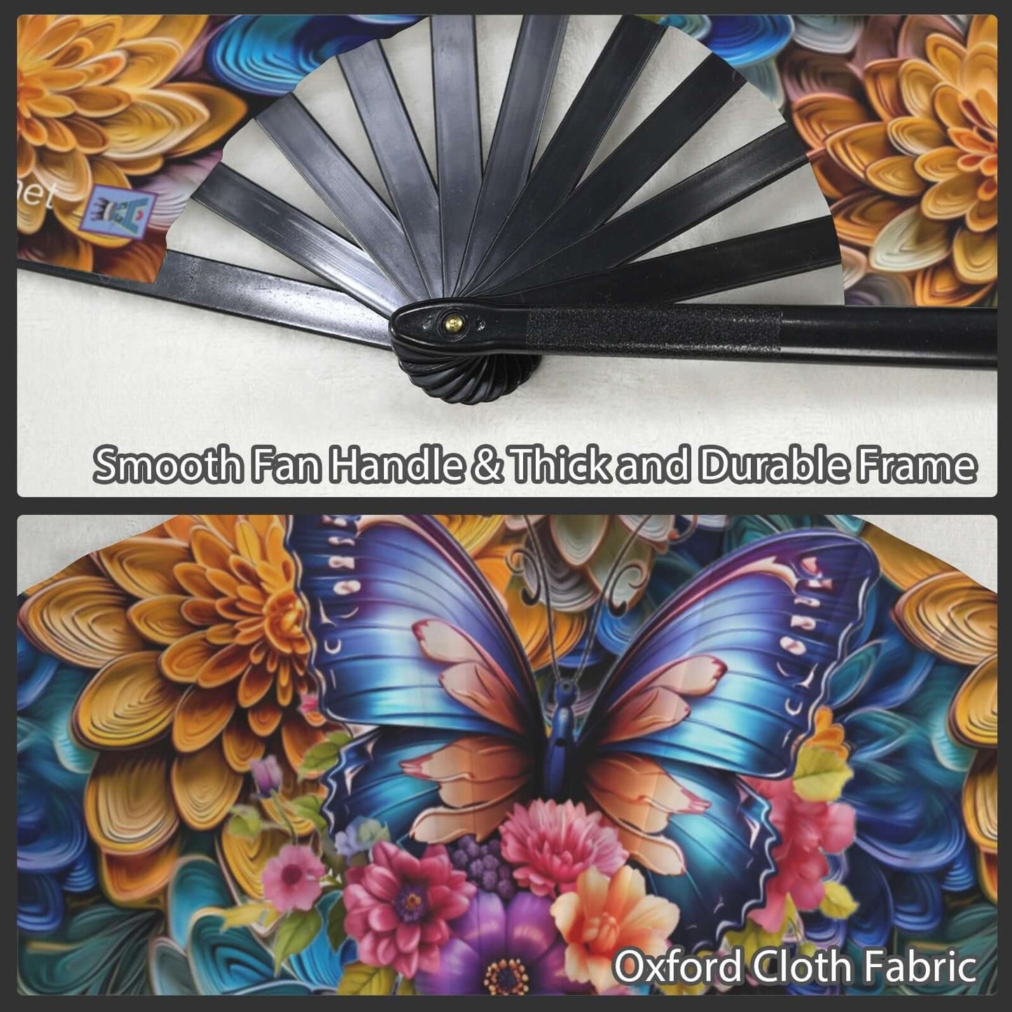 Folding Clack Fan 37 Multi Colored Floral Butterflies Decorative fan with colorful butterfly and floral design on a white background