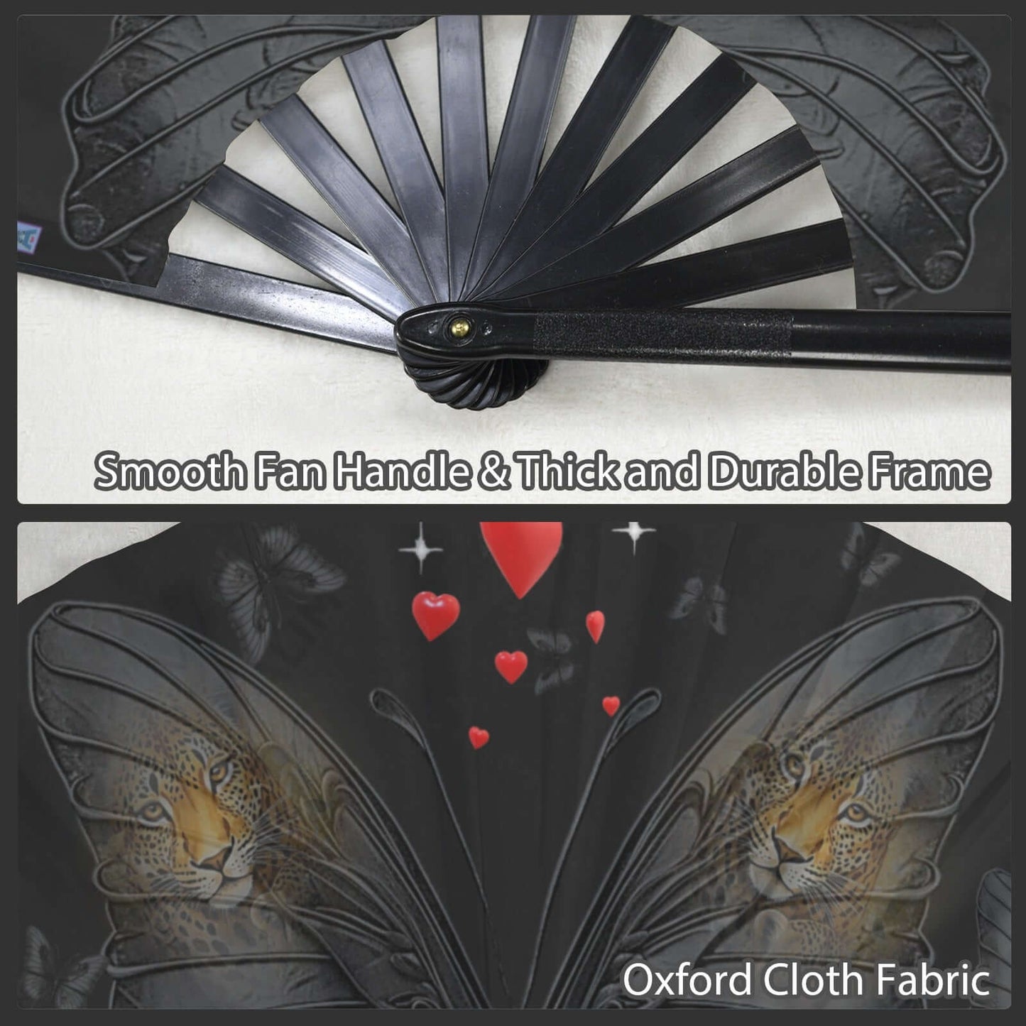 Folding Clack Fan 50 floral Canvas Butterflies Black fan with artistic design and text about fan features