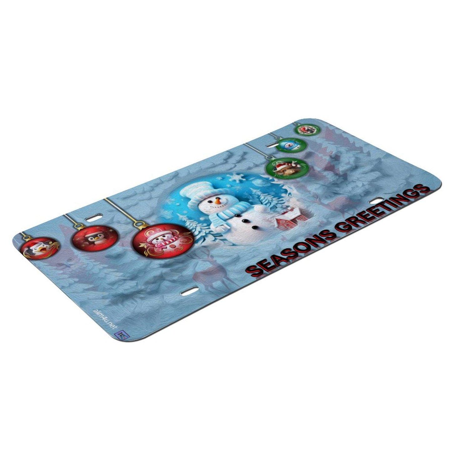 Hanging Christmas ornaments, a snow man, blue tinted snow Car License Plate-11.8”x5.9”