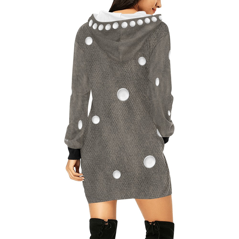 ALIM4U- Gray and White Dots Sweatshirt Dress Women's All Over Print Hoodie Mini Dress(Model H27)