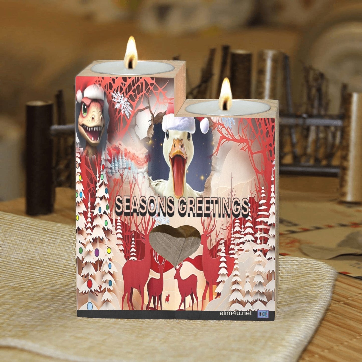 ALIM4U- Quacky Christmas Wooden Heart Candle Holder