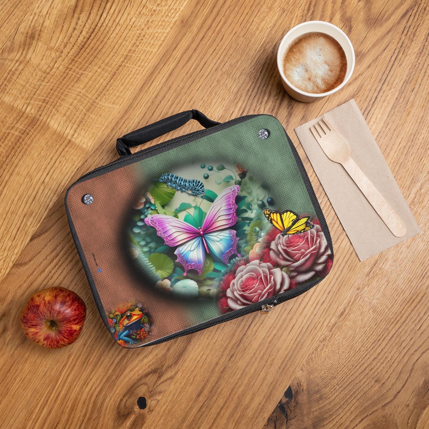 ALIM4U- Lunch Bag, Floral Butterfly Frog Caterpillar, Red Green Background, School Work Office Lunchbox, Insulated Tote, Kids Adults Gift,