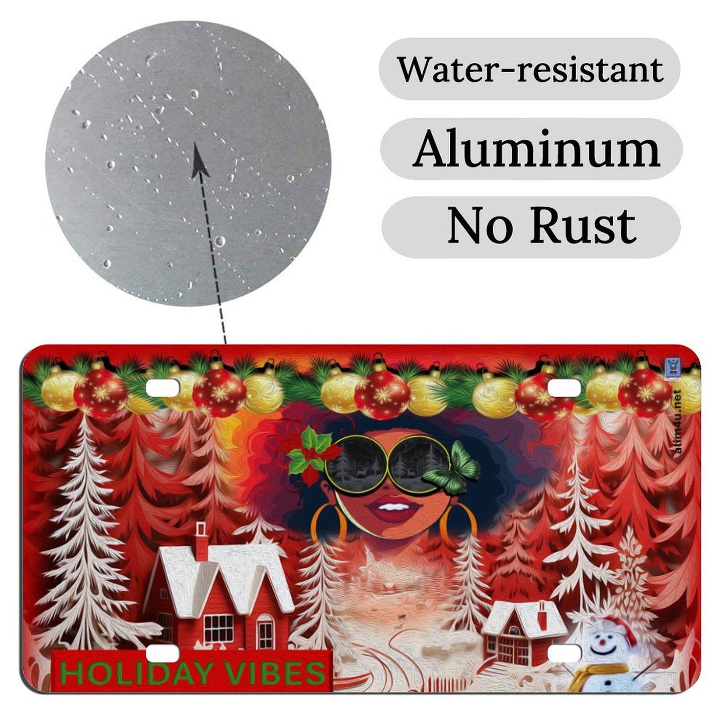 ALIM4U- Holiday Vibes Christmas Car License Plate a snow man, house sitting amongst pine trees covered with snow, a Black girl with an afro and sun glasses, on a red and white background -11.8”x5.9”