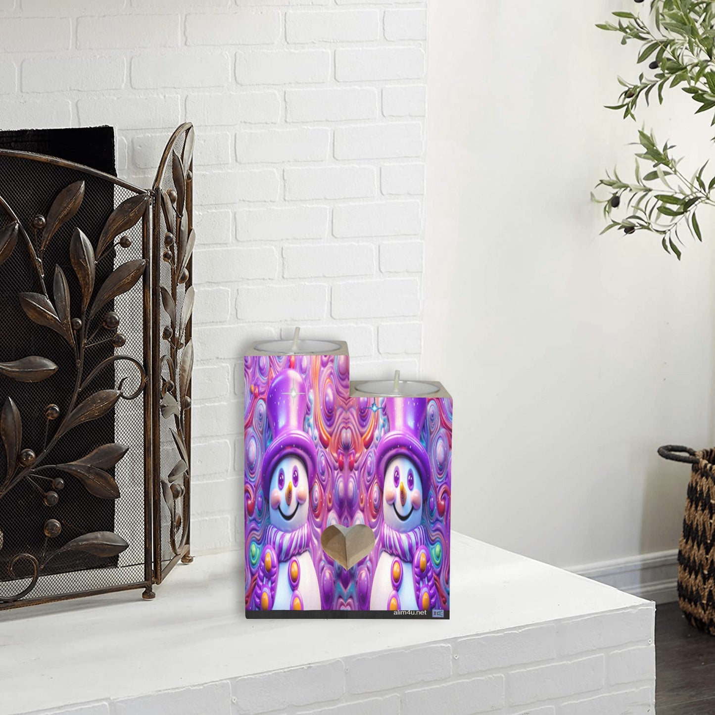 ALIM4U- Purple Snowman Wooden Heart Candle Holder