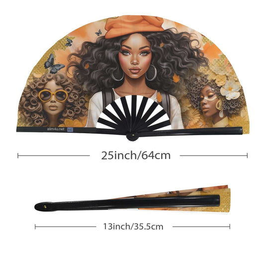 Folding Clack Fan 0045 Multi Colored Floral Butterflies Decorative fan with artistic design of a woman on an orange background, with measurements displayed.