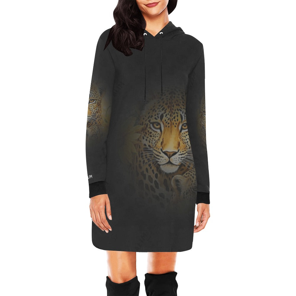 ALIM4U- Leopard on Black Women's All Over Print Hoodie Mini Dress(Model H27)