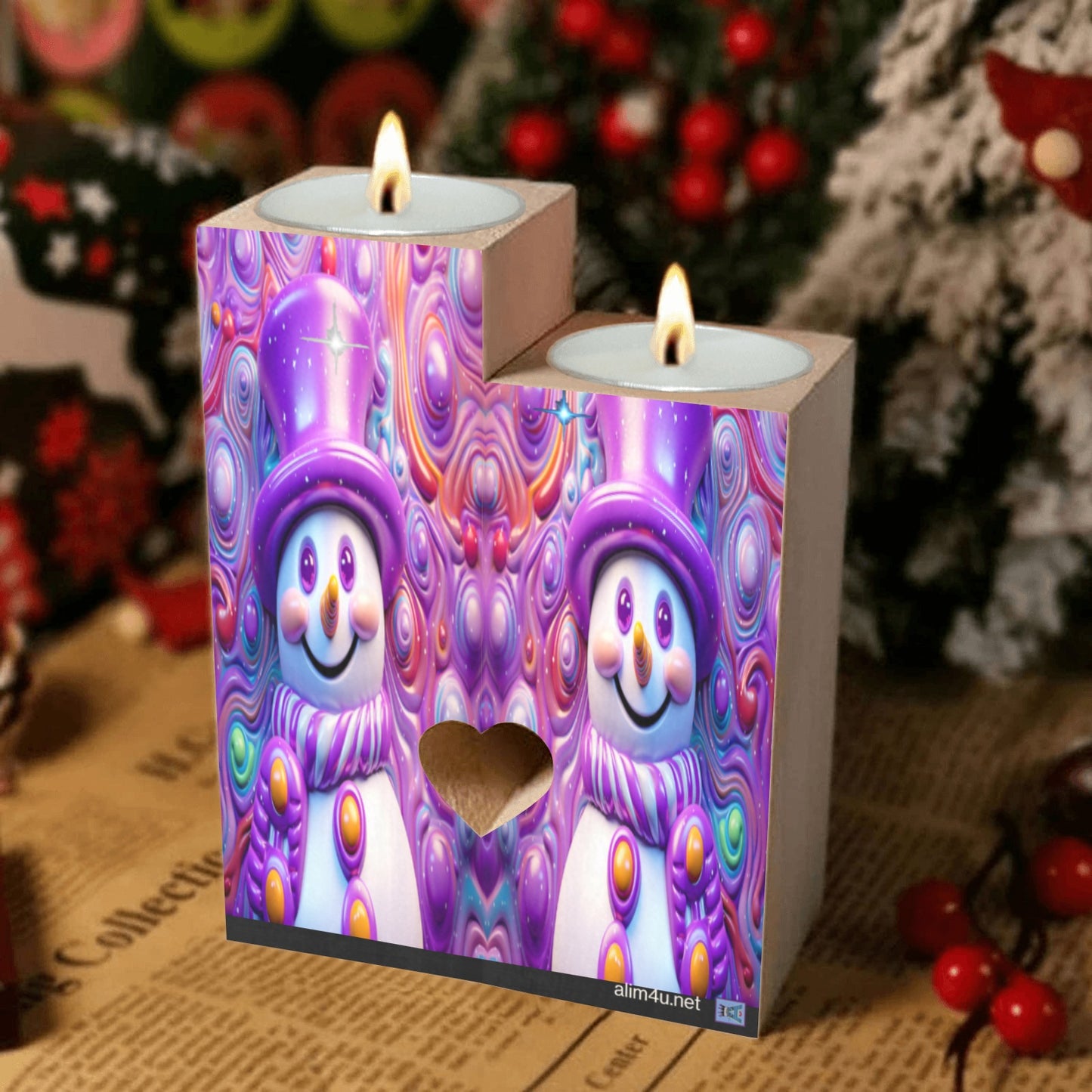 ALIM4U- Purple Snowman Wooden Heart Candle Holder