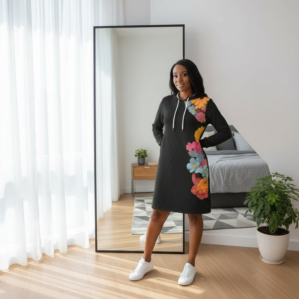 Black dress with colorful floral pattern on a white background