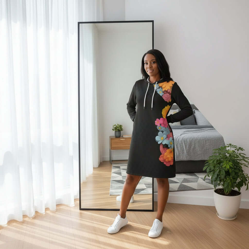 Mini Dress Hoodie 3 Black w Images of a Black Woman Black dress with colorful floral pattern on a white background