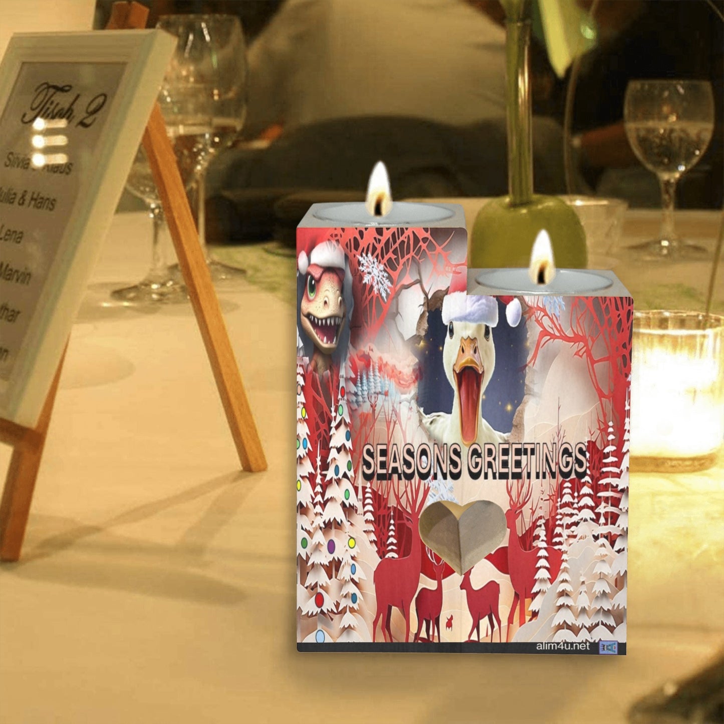 ALIM4U- Quacky Christmas Wooden Heart Candle Holder
