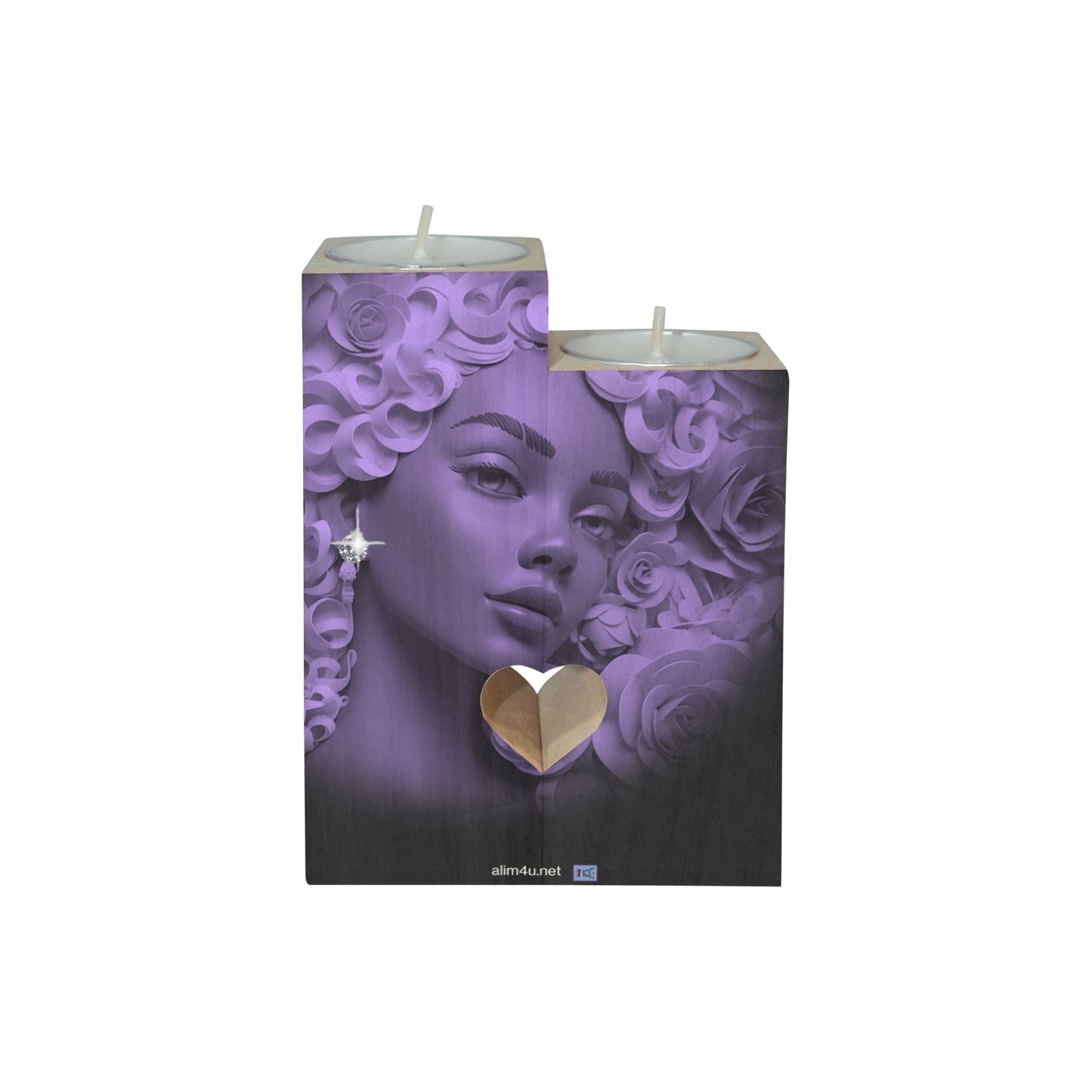ALIM4U-Purple Sparkle Wooden Heart Candle Holder