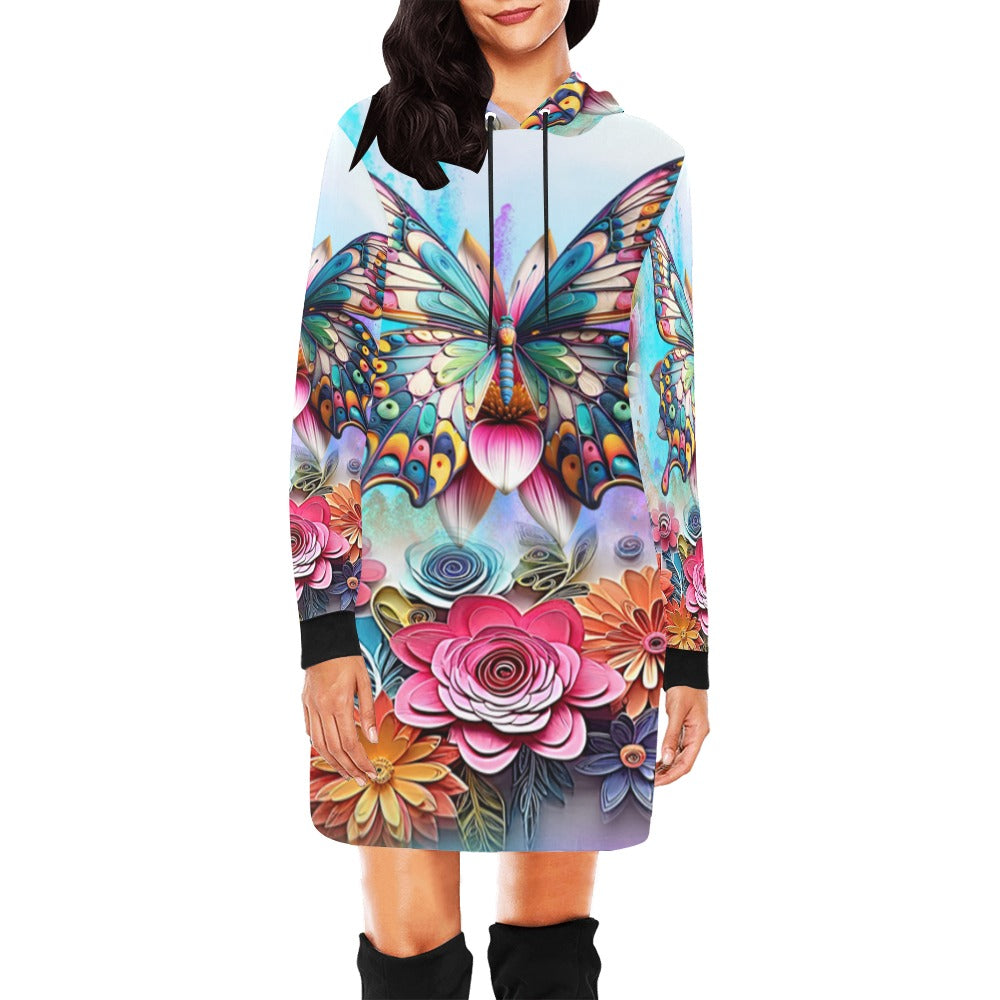 ALIM4U- Monarch Butterfly and Floral Women's All Over Print Hoodie Mini Dress(Model H27)