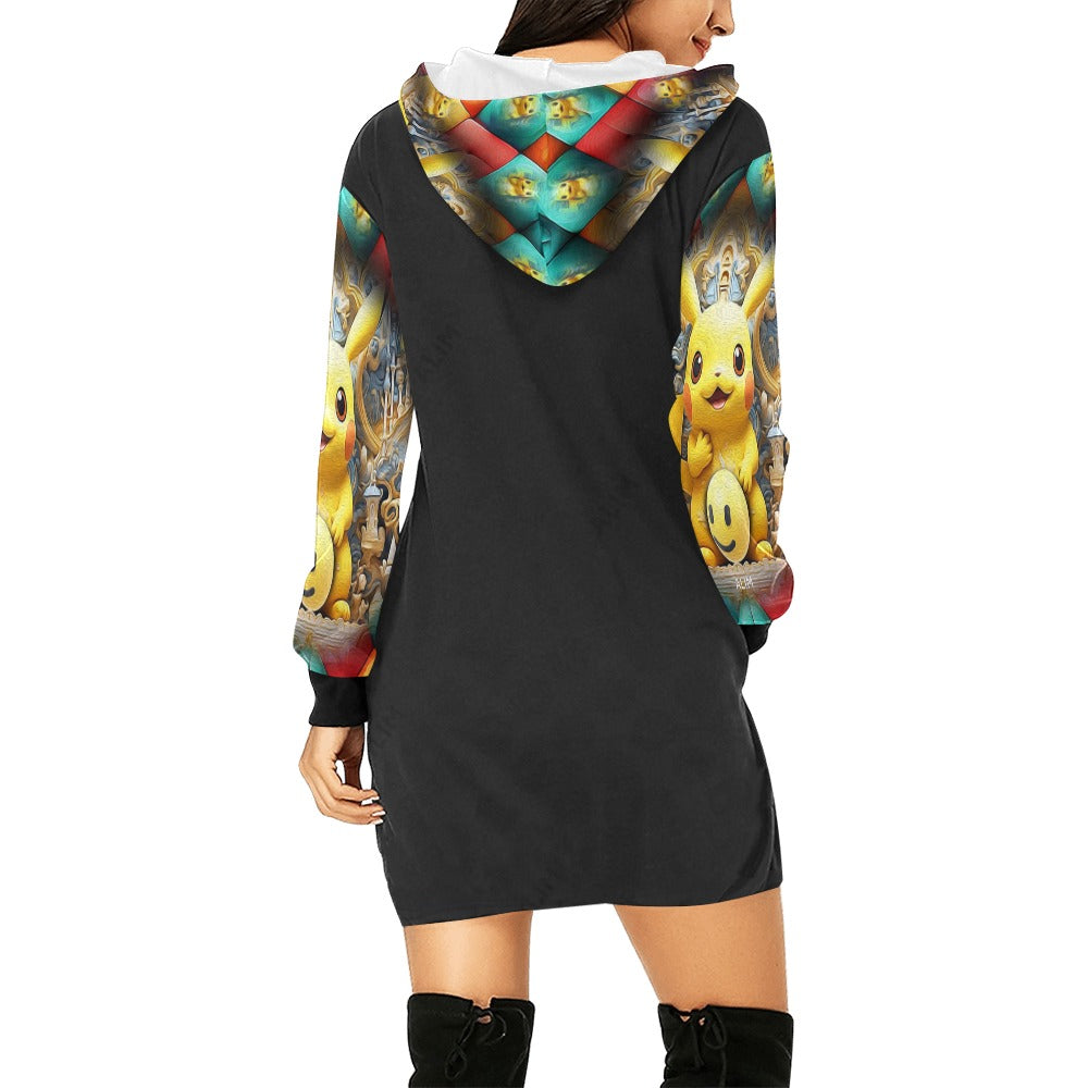 ALIM4U- Yellow Animated Character Women's All Over Print Hoodie Mini Dress(Model H27)