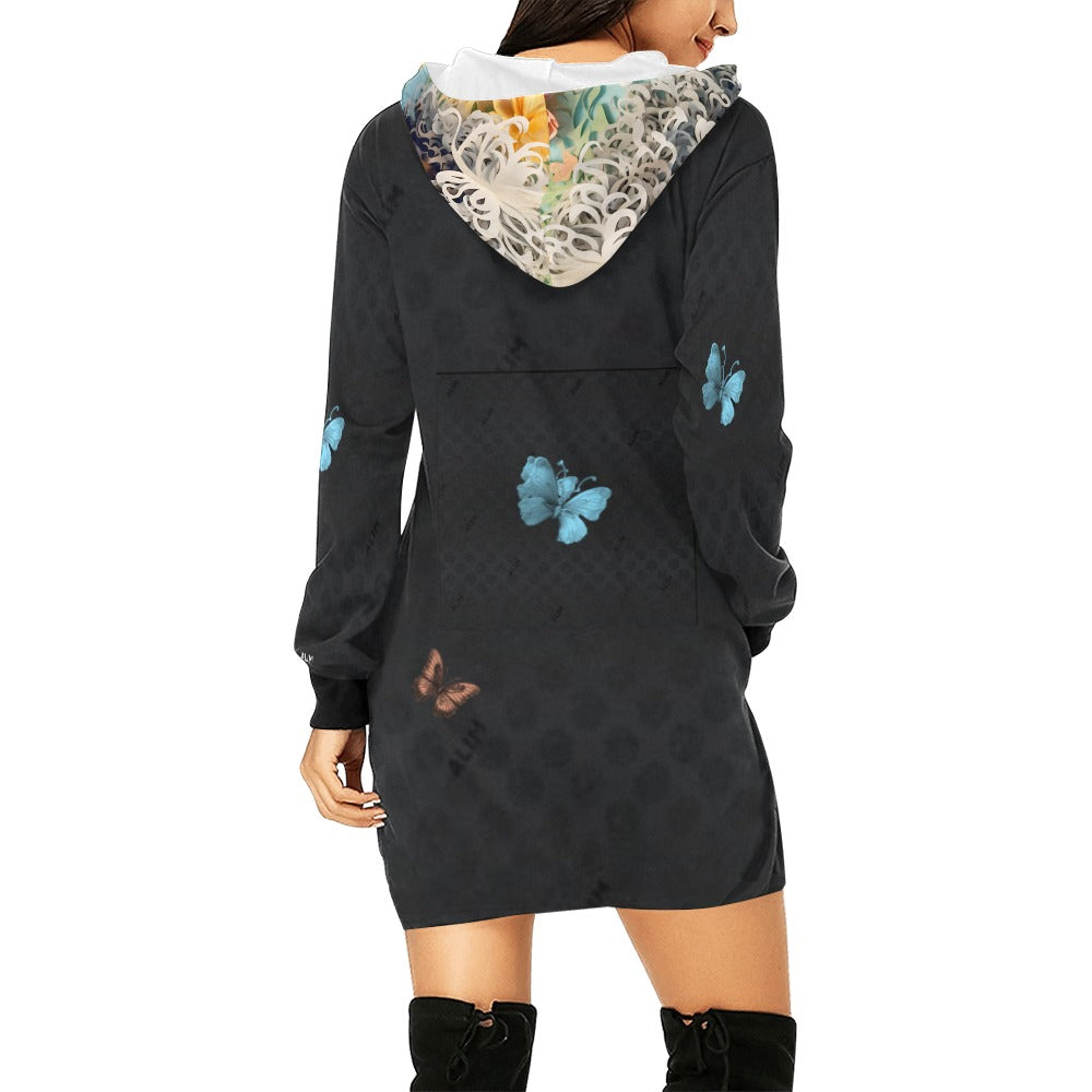 ALIM4U- Black Woman 6 Women's All Over Print Hoodie Mini Dress(Model H27)