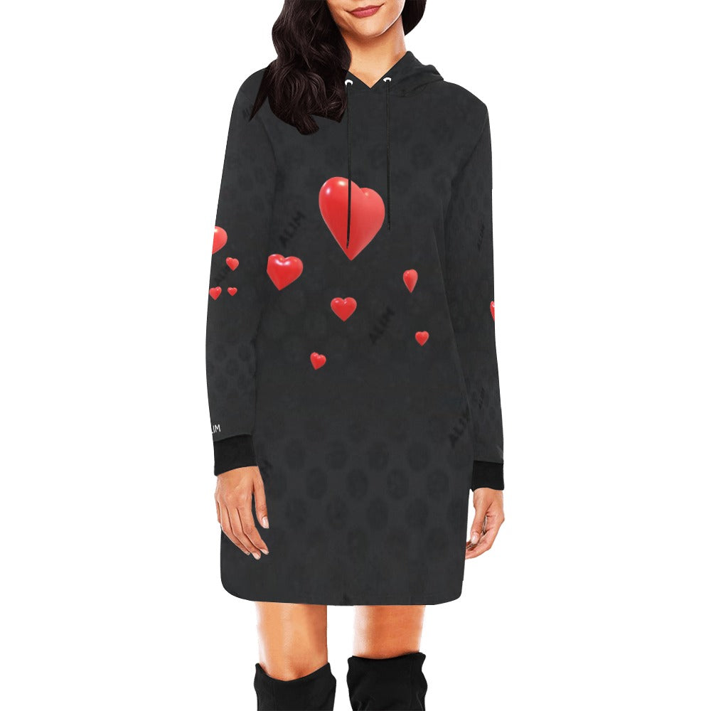 ALIM4U- Red Hearts on Black Women's All Over Print Hoodie Mini Dress(Model H27)