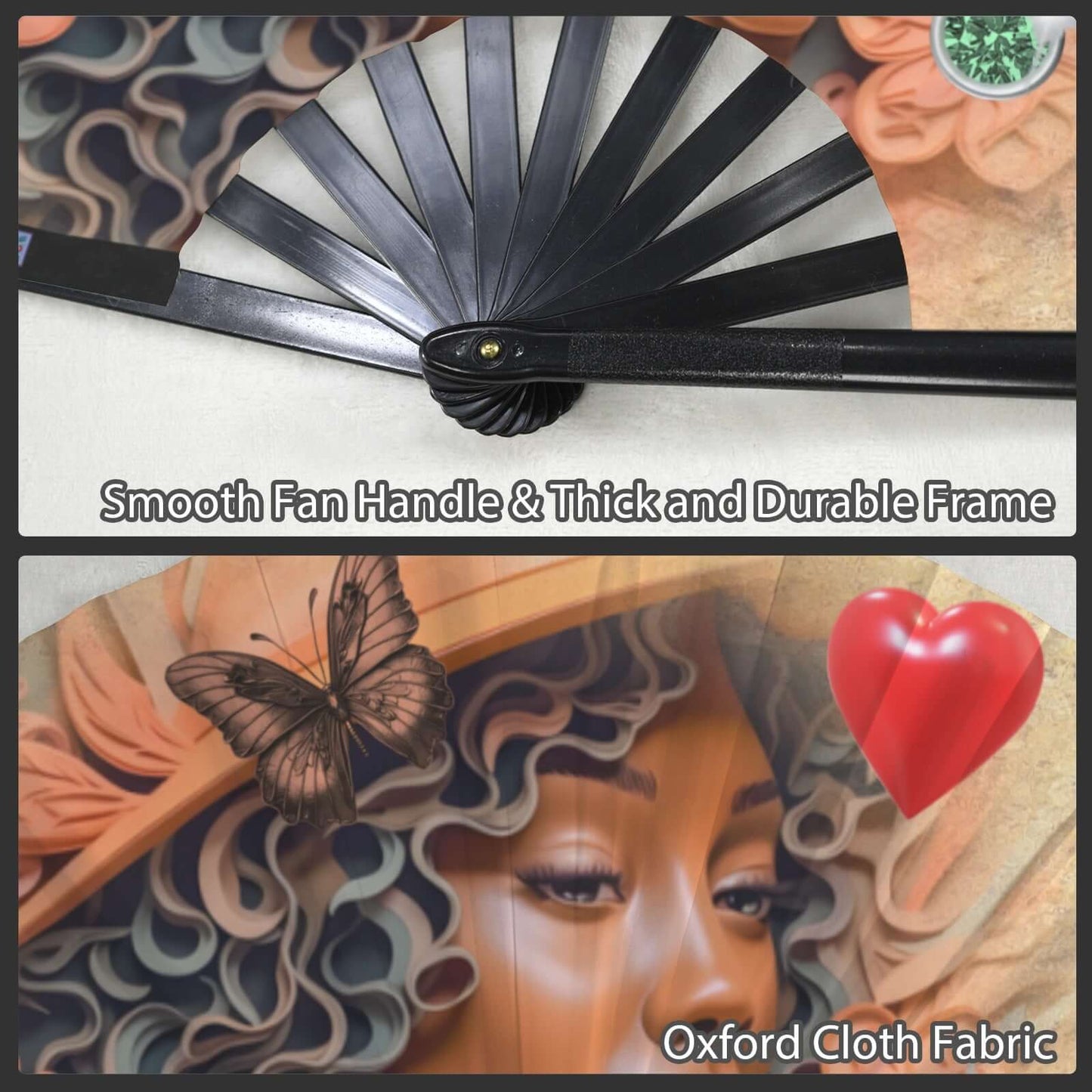 Folding Clack Fan 75 multi colored floral butterflies Decorative fan with smooth handle and thick frame, featuring a design of a woman's face with a butterfly and heart.