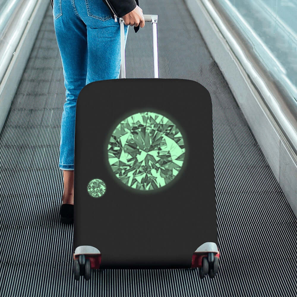 Luggage Cover Large Size 26-28 Large Green Diamond Graphic Person pulling a suitcase with a diamond design on a moving walkway