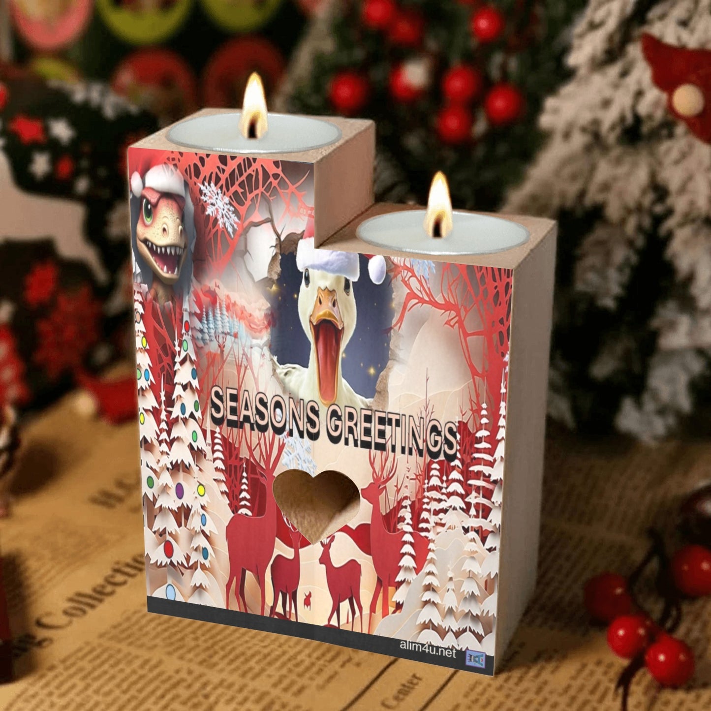 ALIM4U- Quacky Christmas Wooden Heart Candle Holder