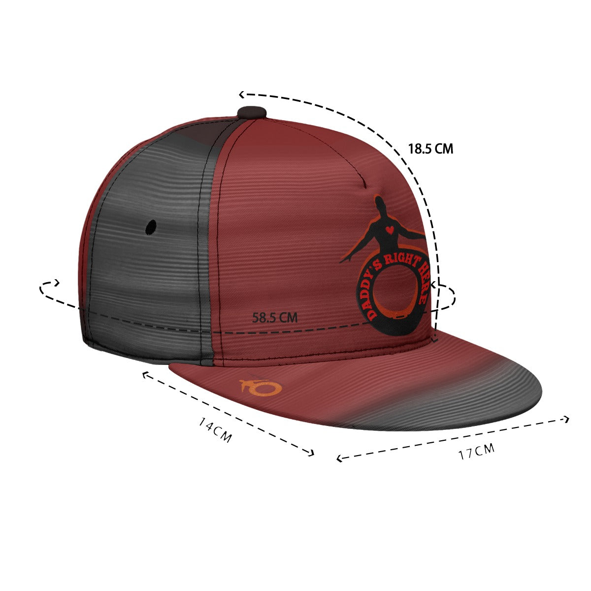 Red and black cap with branding and measurements on a white background