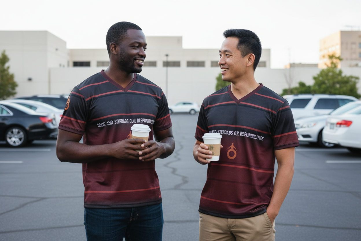 Group of men wearing matching shirts with signs in front of a building