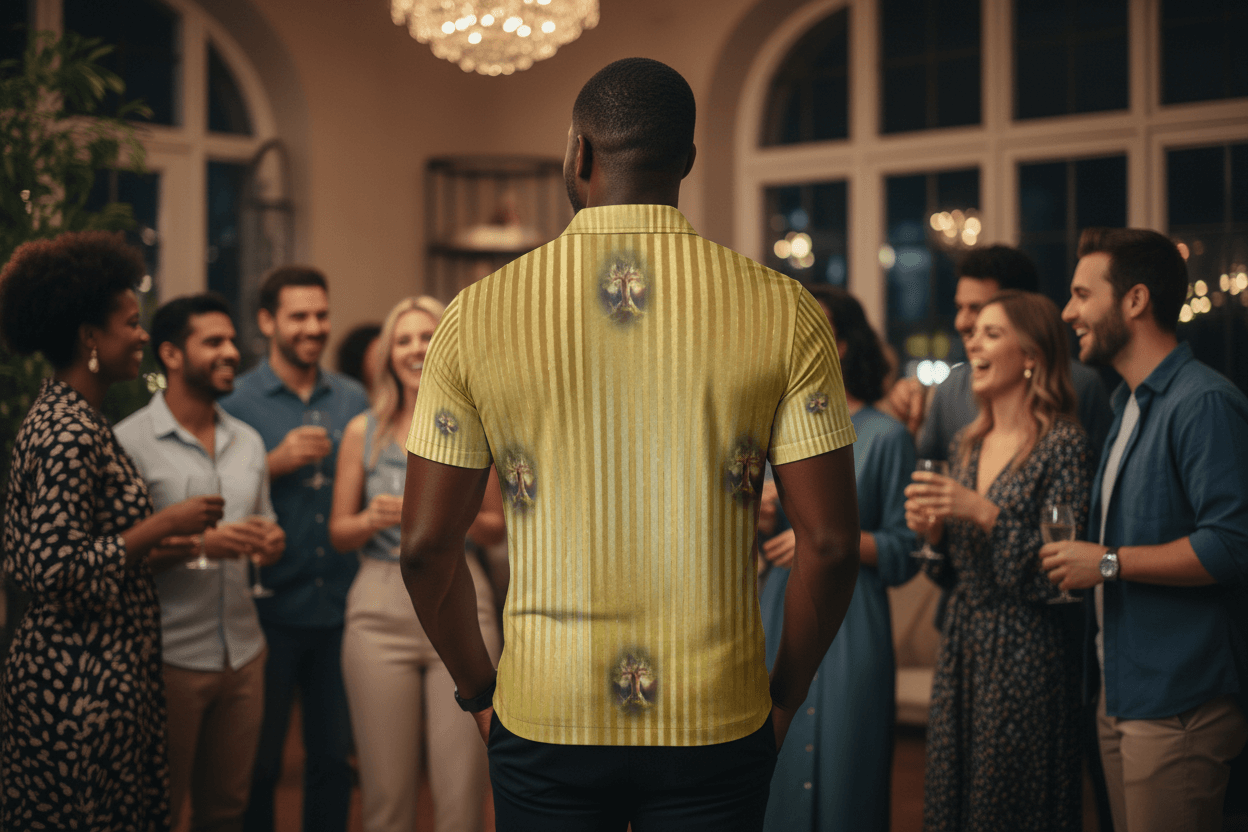 Yellow striped shirt with tree designs on a white background