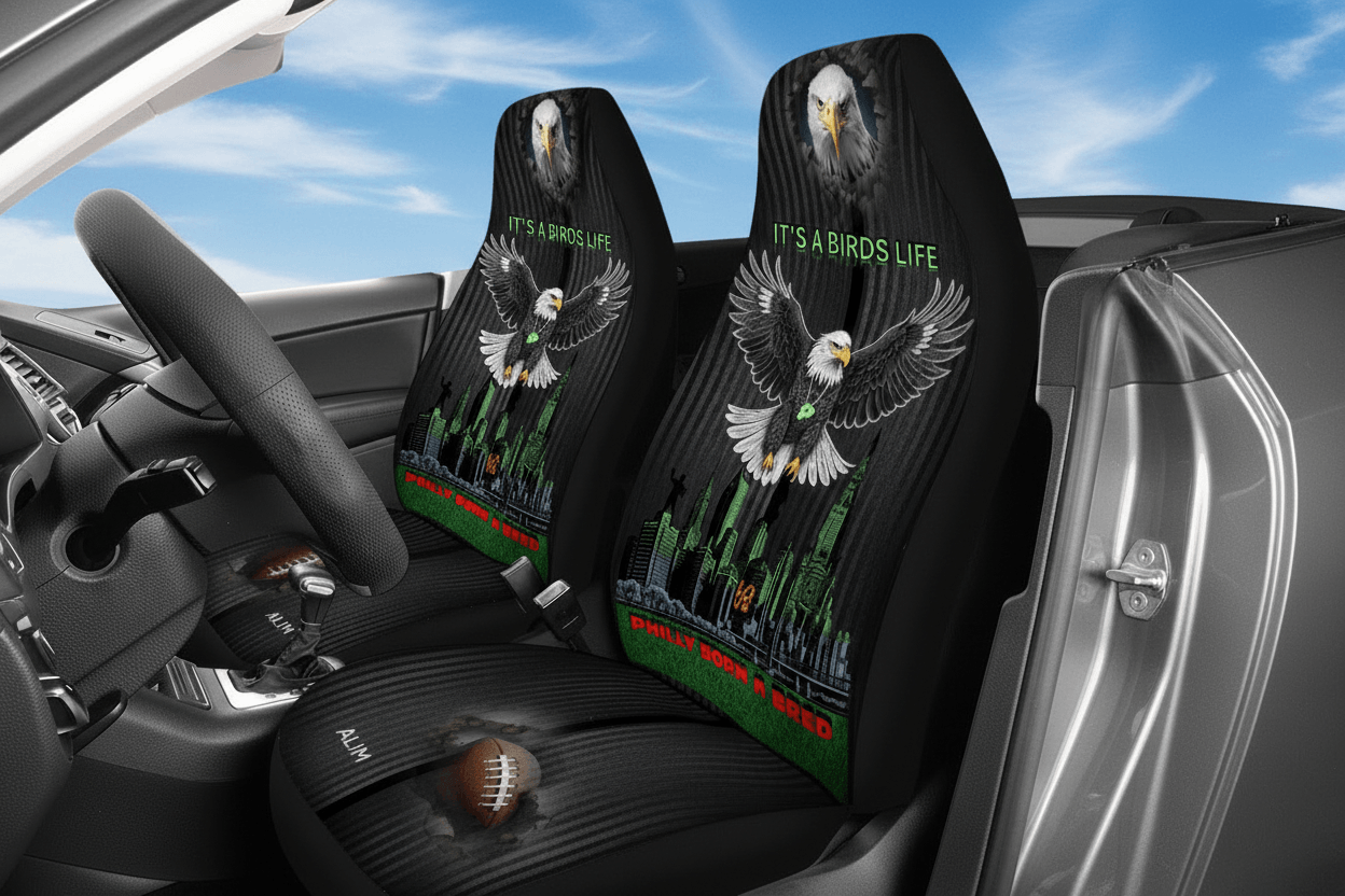 Car Seat Cover Eagle City Skyline Graphic GrayBlack Striped