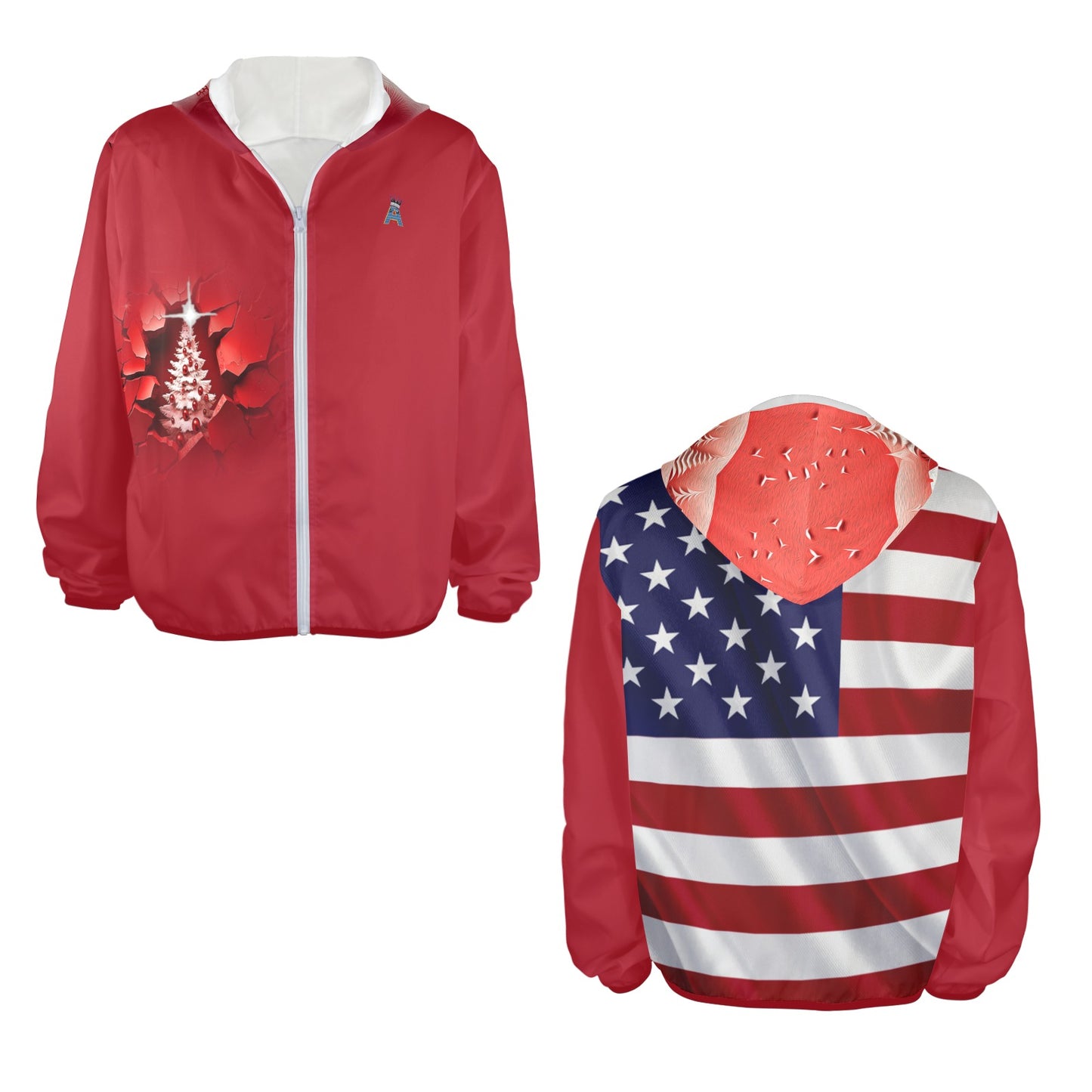 ALIM4U- (Back Image) American Flag with Christmas Themed Men's Sun Protection Hoodie(Model H62)