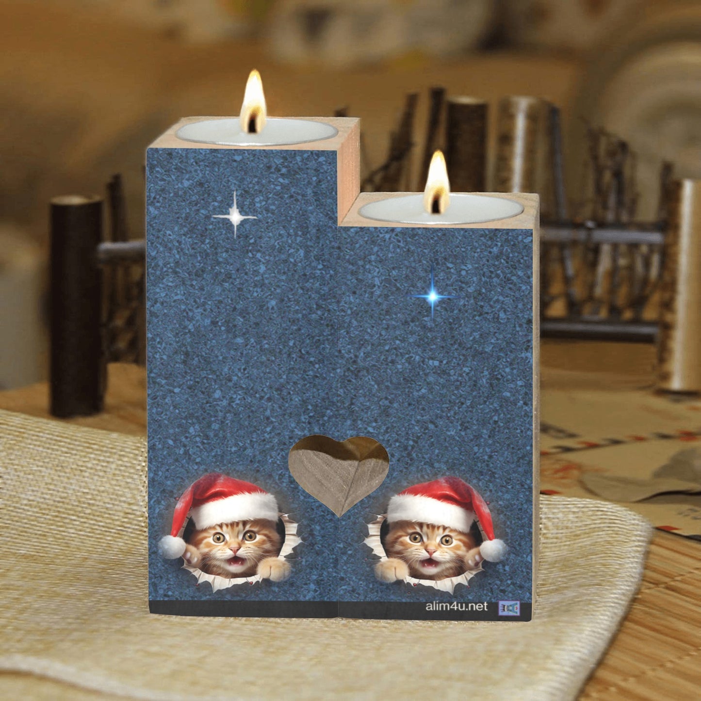 ALIM4U- Kittys Christmas Wooden Heart Candle Holder