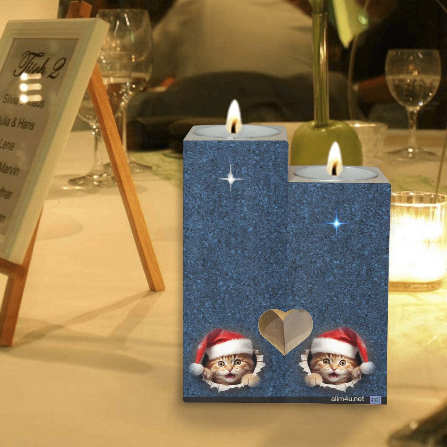 ALIM4U- Kittys Christmas Wooden Heart Candle Holder