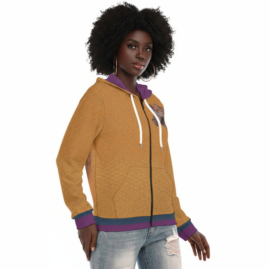 Woman wearing a mustard yellow hoodie with purple accents on a white background