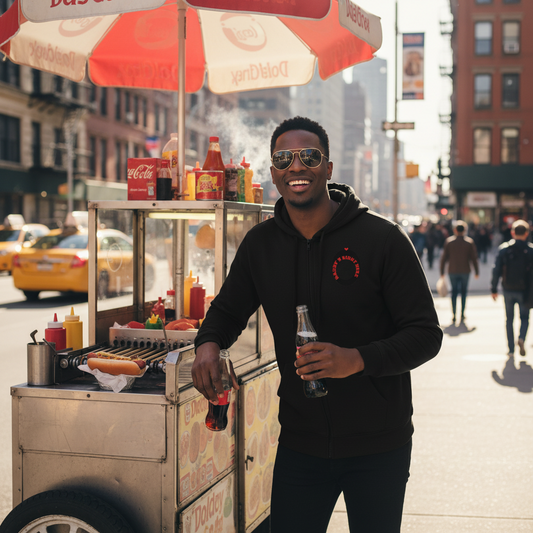 A man wearing a black hoodie and sunglasses stands behind a street food cart holding a bottle of Coca-Cola, with a red and white branded umbrella and city street background.
