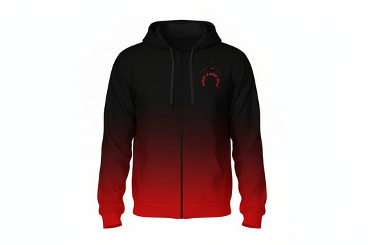 A man wearing a black zip-up hoodie with a red gradient at the bottom and a small red graphic on the left chest, set against a plain white background.