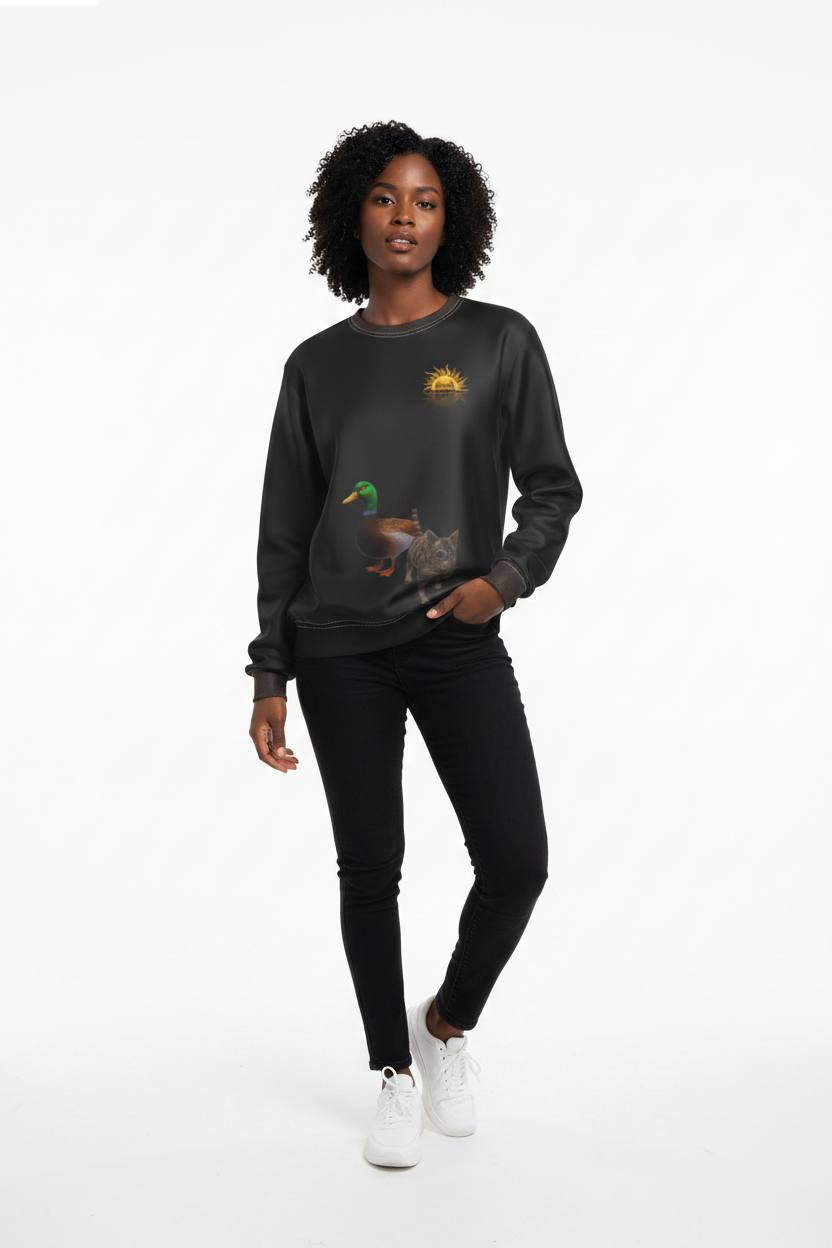 A woman modeling a black crewneck sweatshirt with a graphic of a mallard duck and a small yellow duck logo on the chest, paired with black skinny pants and white sneakers against a white studio background.