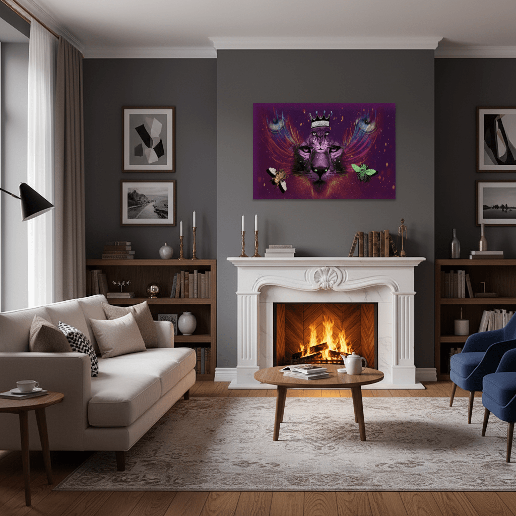 A modern living room with dark gray walls, a white fireplace mantel, a beige sofa, blue accent chairs, and a colorful purple and pink fantasy wall art piece above the fireplace.