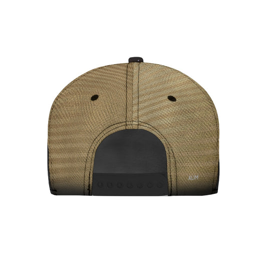 The back view of a structured snapback cap in a textured tan/khaki fabric with a black adjustable closure panel and black button on a plain white background.