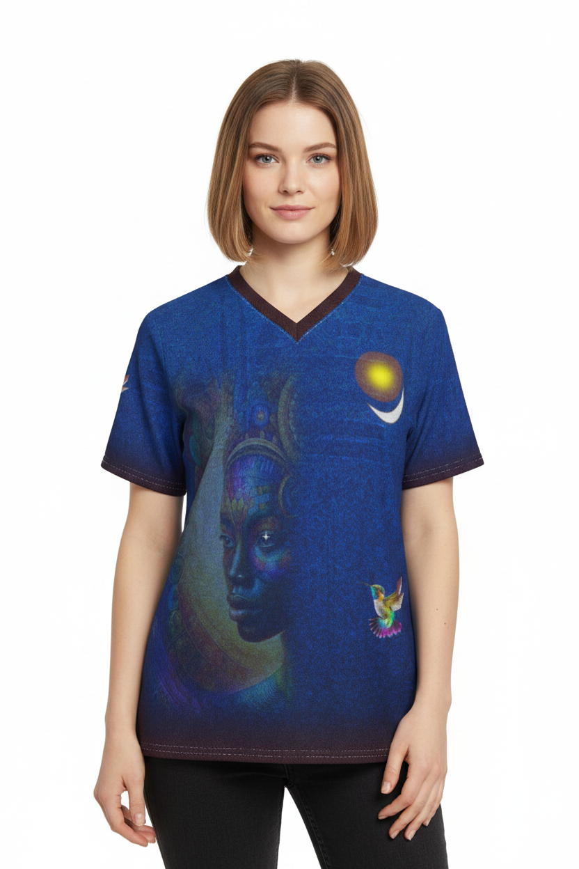 A woman modeling a blue V-neck scrub top with a cosmic and face graphic print, set against a plain white background.