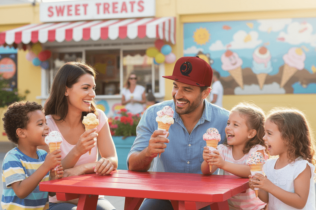 A family of five enjoys ice cream cones at a red picnic table outside a colorful ice cream shop. The father wears a maroon baseball cap, and the background features a yellow storefront with a red-and-white striped awning and pastel ice cream cone murals.