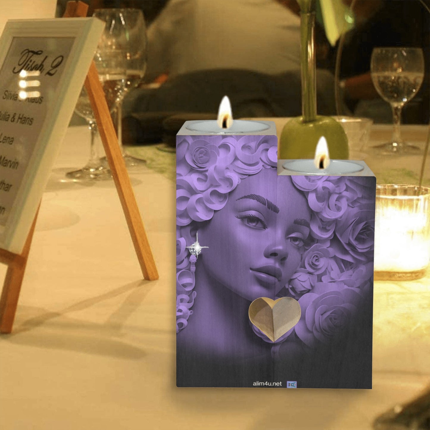 ALIM4U-Purple Sparkle Wooden Heart Candle Holder
