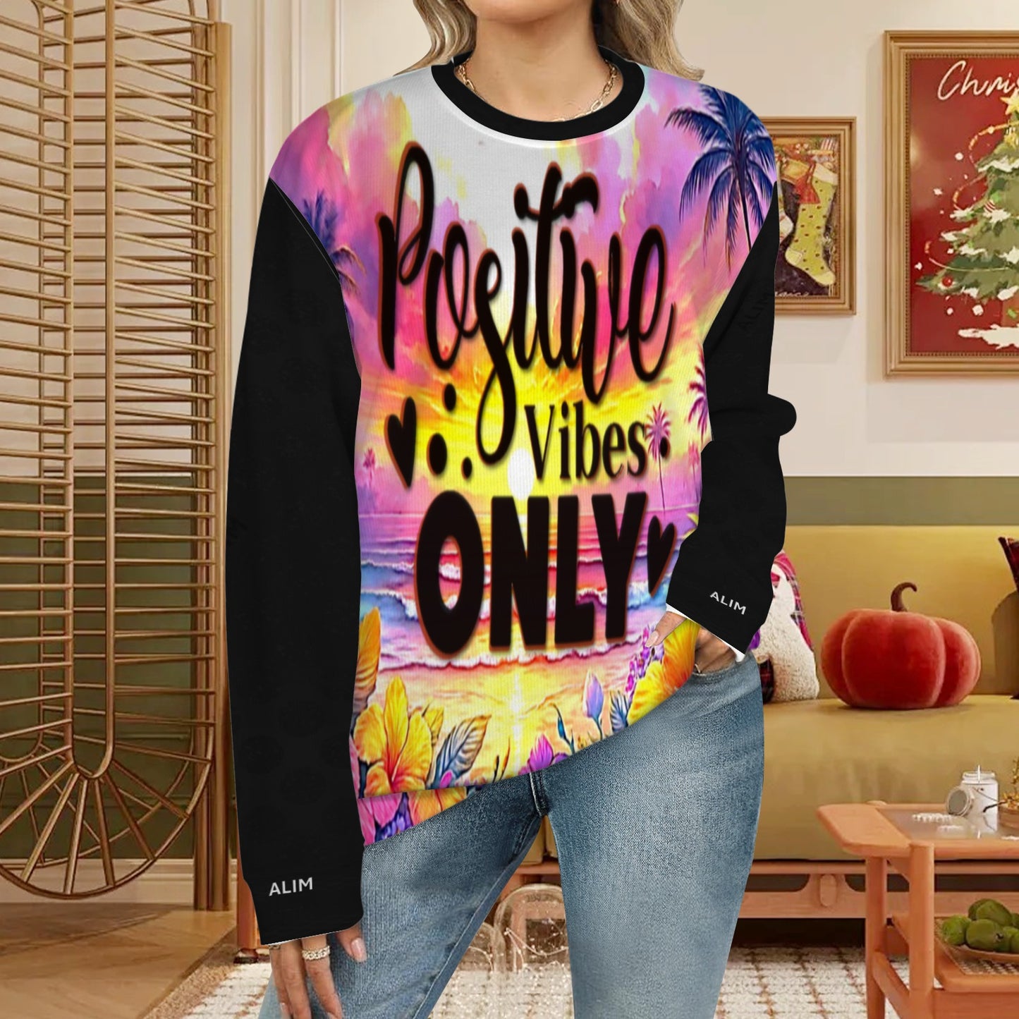 ALIM4U- Positive Vibes Multi-Colored All Over Print Sweater(Large Size)