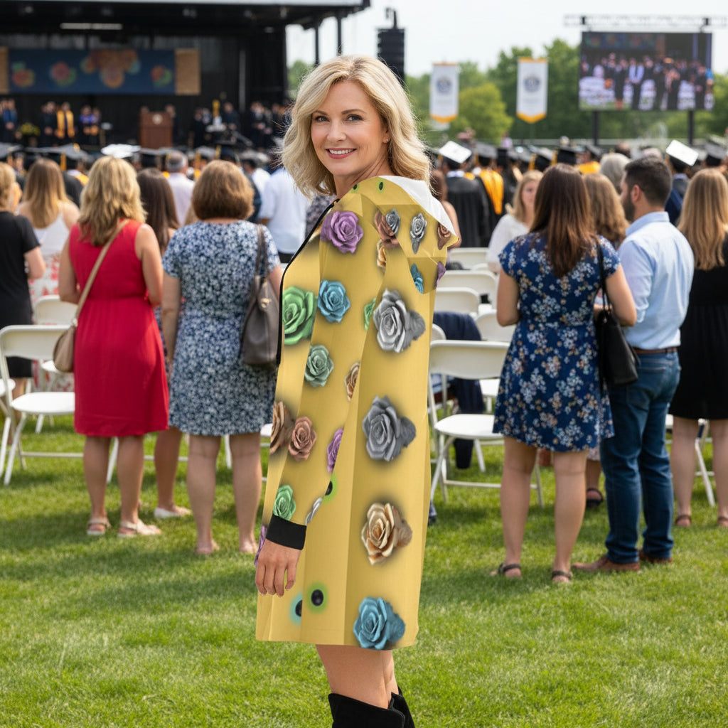 Yellow dress with colorful floral embellishments on a white background