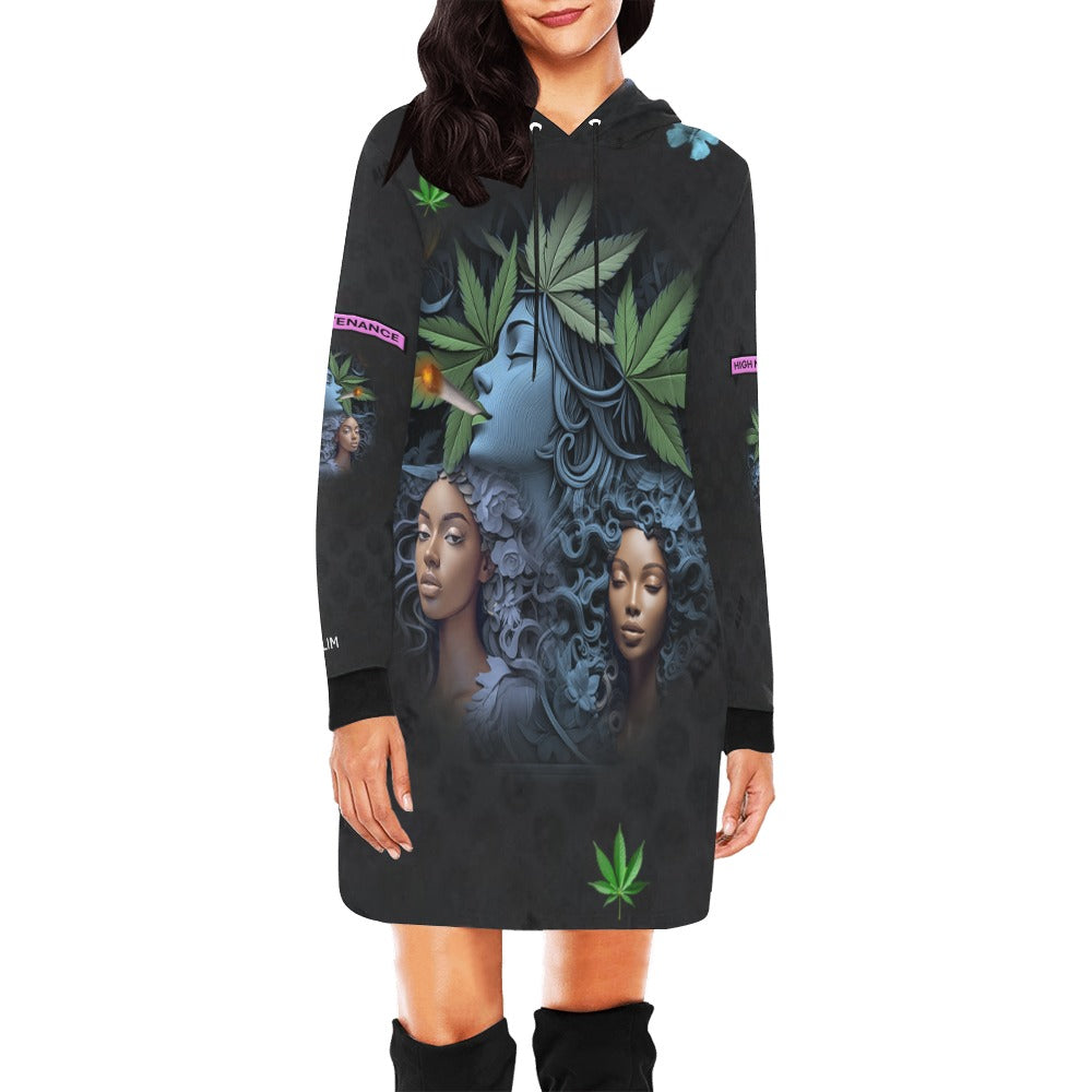 ALIM4U- Marijuana Smoking Women High Maintenance (On Sleeves) 7 Women's All Over Print Hoodie Mini Dress(Model H27)