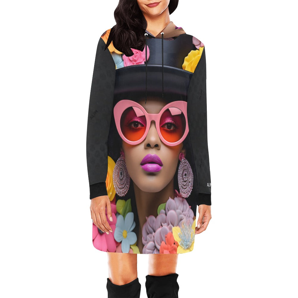 ALIM4U- Black Woman 2 Women's All Over Print Hoodie Mini Dress(Model H27)