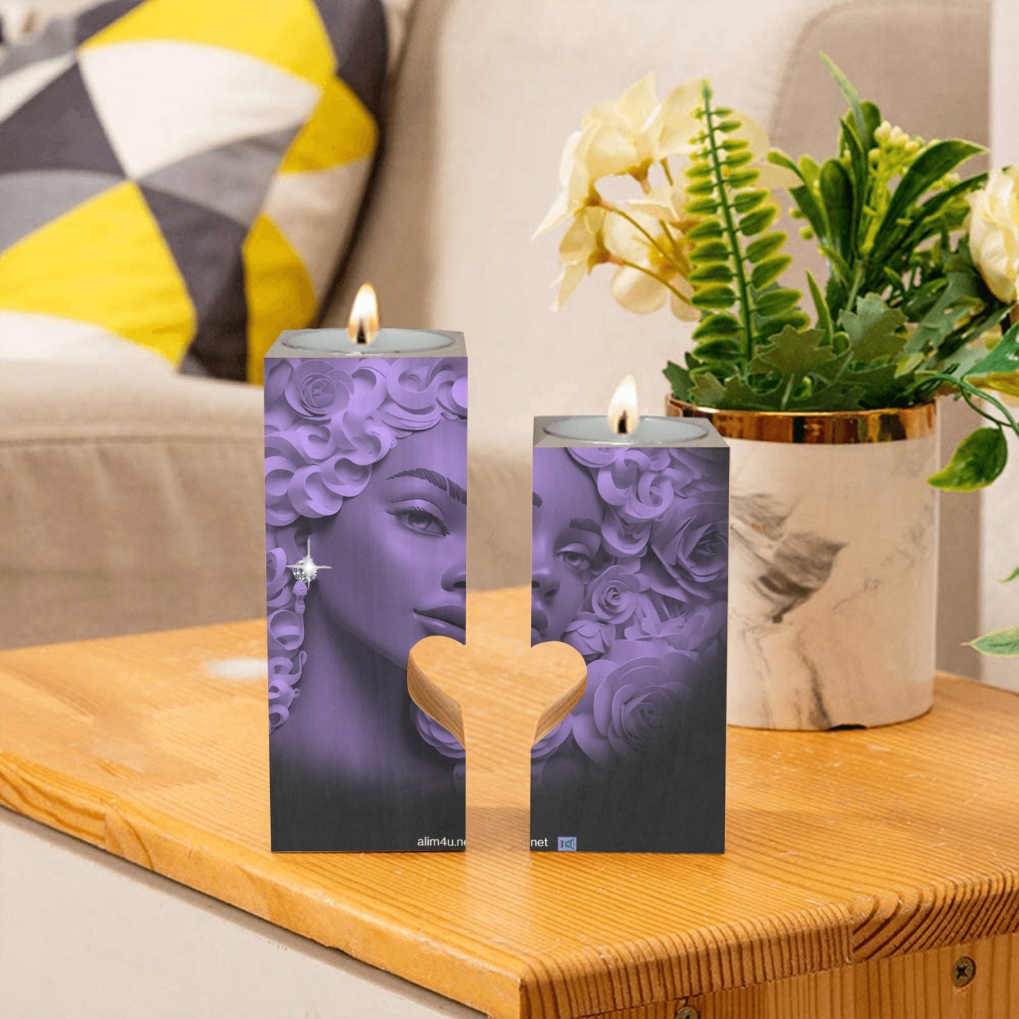 ALIM4U-Purple Sparkle Wooden Heart Candle Holder
