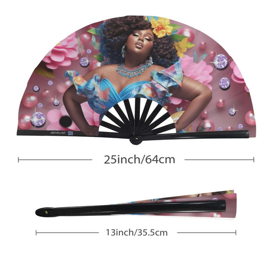 Folding Clack Fan 60 multi colored floral butterflies Decorative fan with a colorful design of a woman and flowers, shown open and closed with measurements.