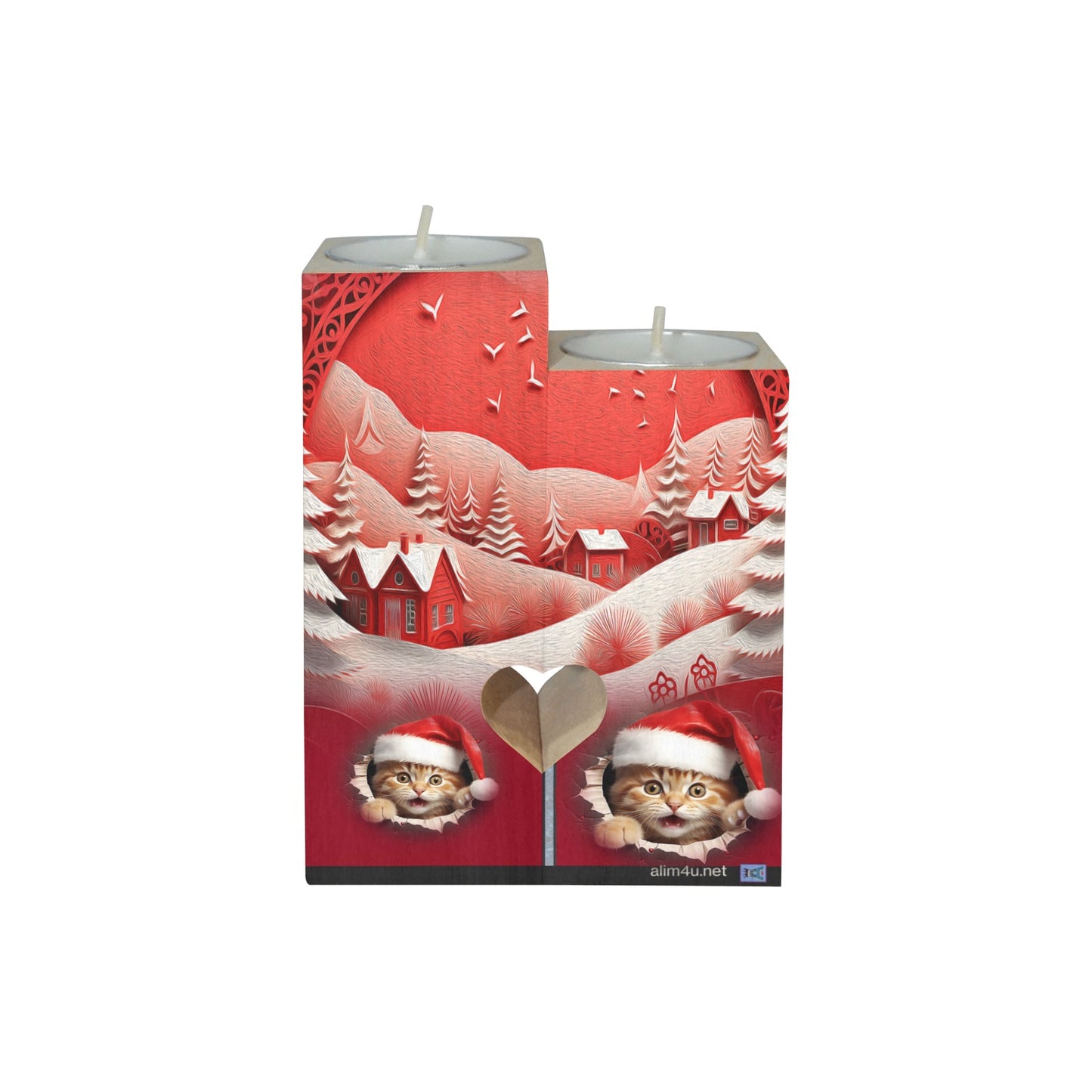 ALIM4U- Kittys Christmas 2 Wooden Heart Candle Holder