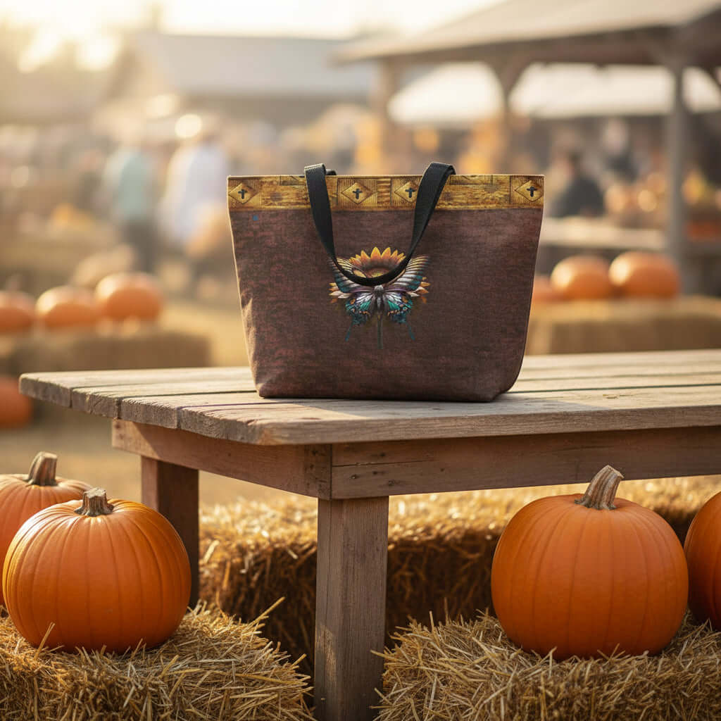 Brown tote bag with decorative element on a wooden table surrounded by pumpkins and hay.