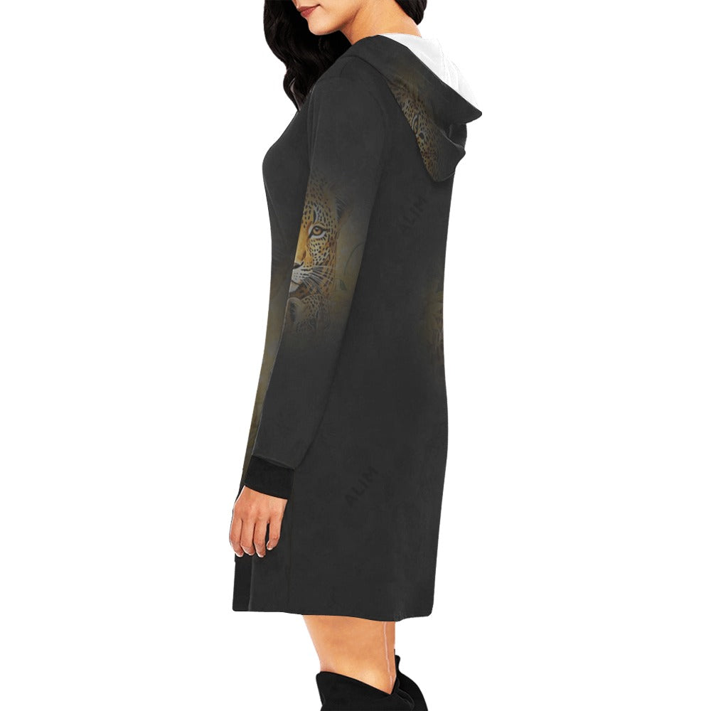 ALIM4U- Leopard on Black Women's All Over Print Hoodie Mini Dress(Model H27)