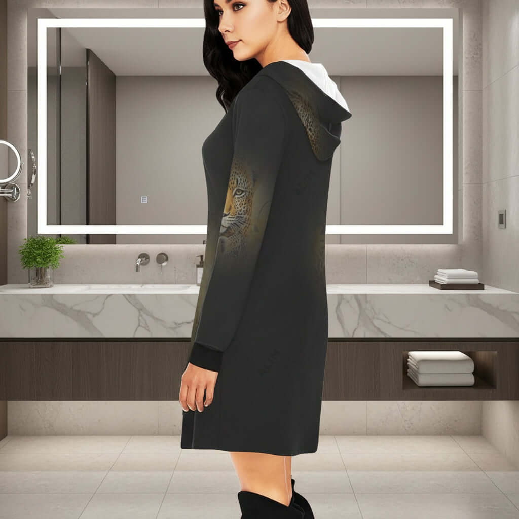 Mini Dress Hoodie Model H27 Black Leopard ImageBlack dress with floral embroidery on a white background