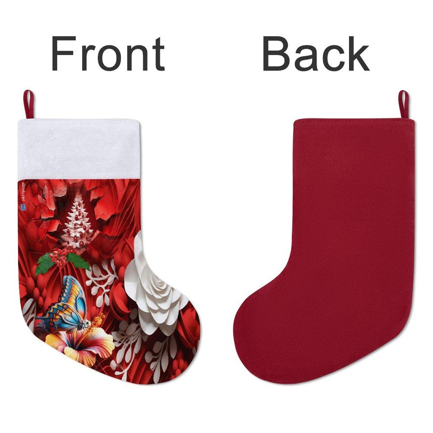 ALIM4U- Floral with monarch butterfly Santa Stocking with a red and white theme, the butterfly adds a taste of orange and teal.