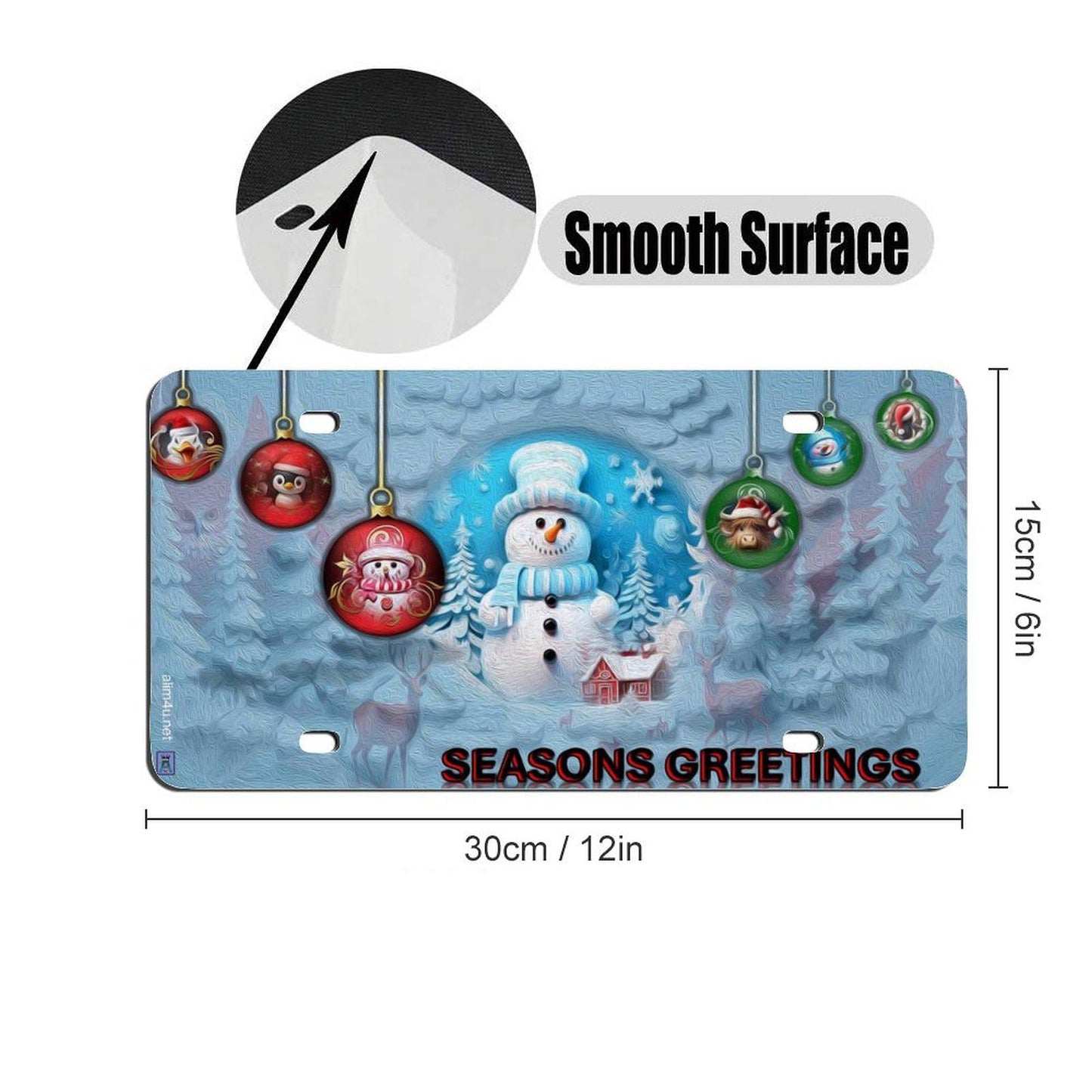 Hanging Christmas ornaments, a snow man, blue tinted snow Car License Plate-11.8”x5.9”
